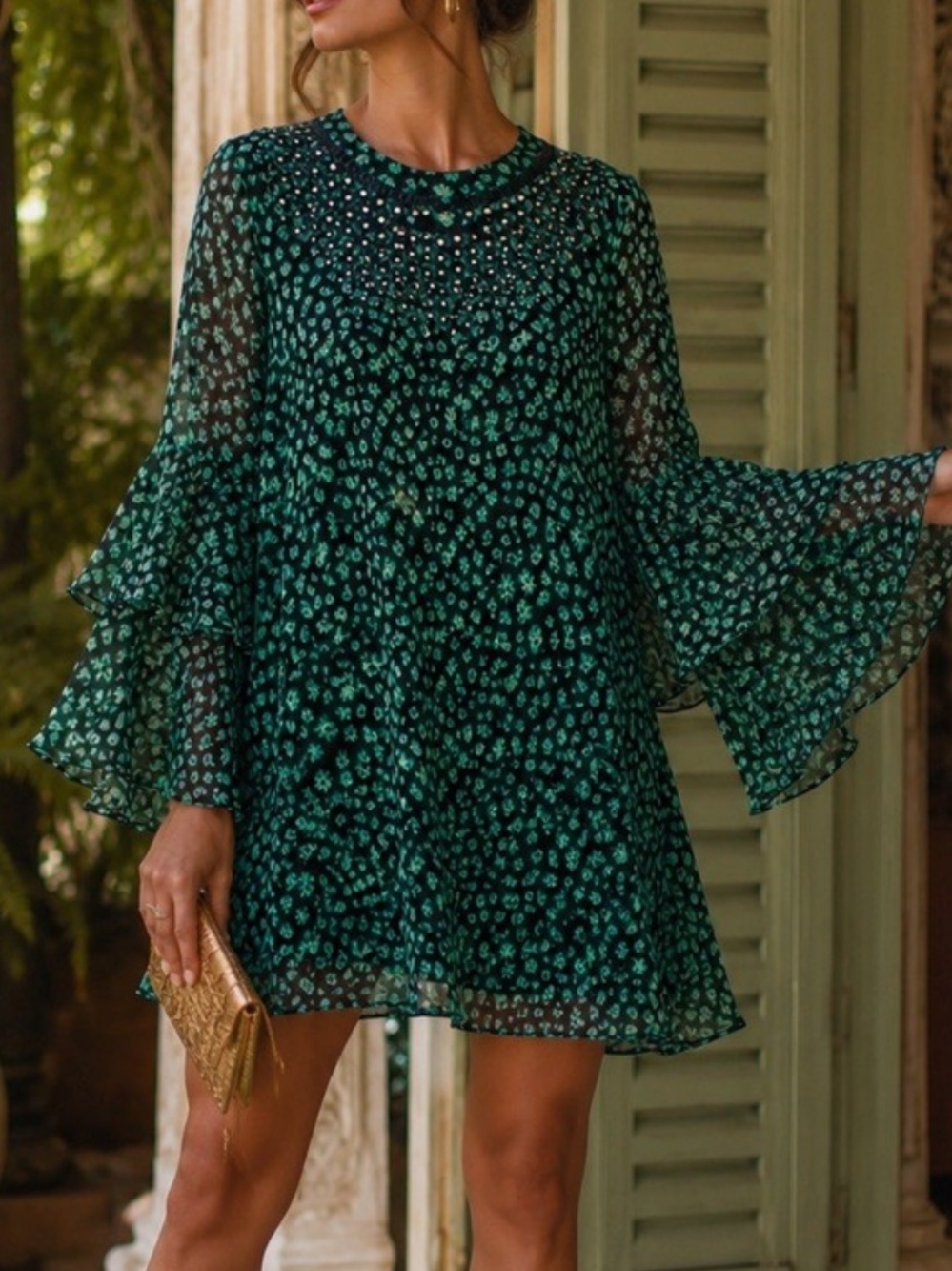 Ranna Gill Anthropologie Dress Green Floral Flutter Tunic Boho Shift Aline M